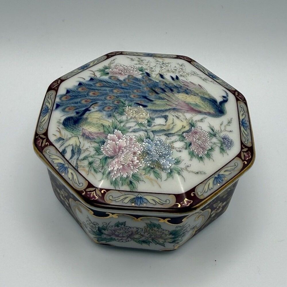 Vintage Asahi Japan Porcelain Octagon Trinket Box Peacock Peony Flowers Gold